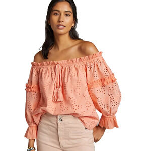 Anthropologie Jane Eyelet Lace Off Shoulder Peasant Prairie Cottage Blouse Coral